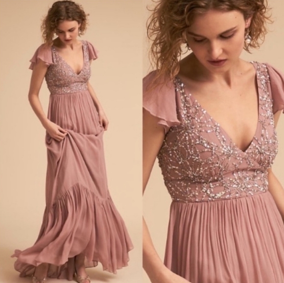 BHLDN Daphne Sequin Flutter Sleeve Chiffon Dress Gown - Picture 1 of 8